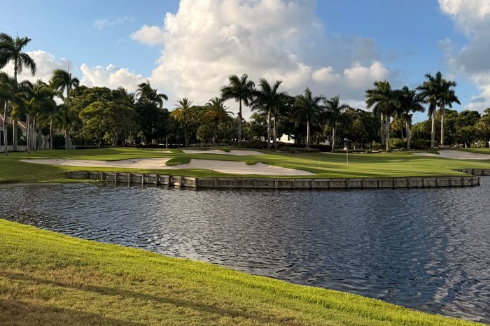 A manicured golf green and bunkers behind a bulkheaded lake, framed by royal palms under a bright Florida sky.